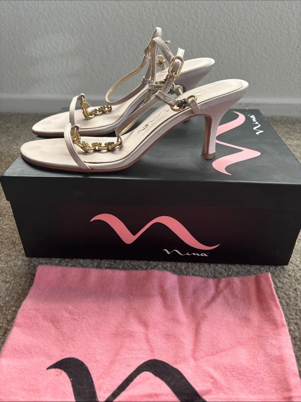 Nina Metallic Gold Open-Toe Slingback Heels with Front Accent
